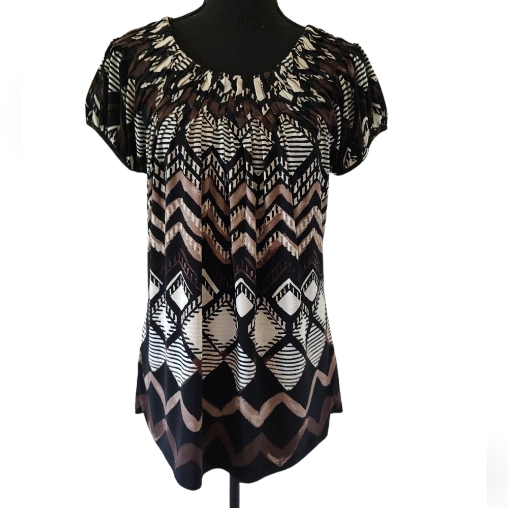 Style & Co Short Sleeve Blouse in Brown, Black & Cream Design Sz.M